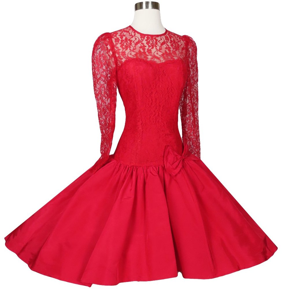 Vintage 80s Red Lace Long Sleeve Taffeta Full Skirt Prom Party Dress S Small